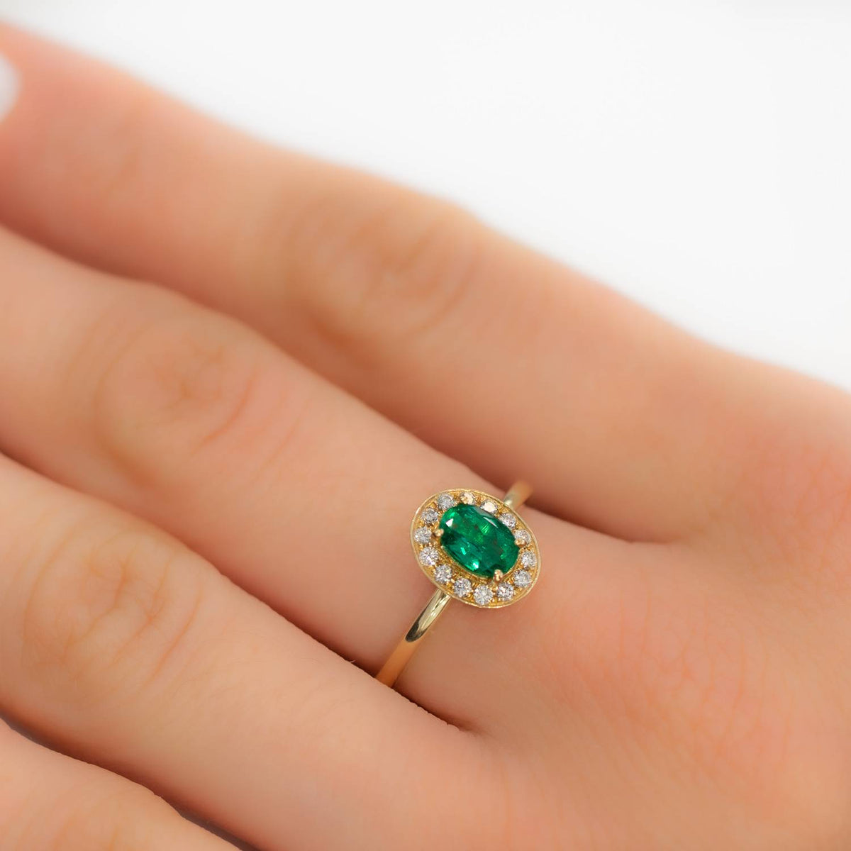Colombian Emerald and Diamond Halo Engagement Ring 18K