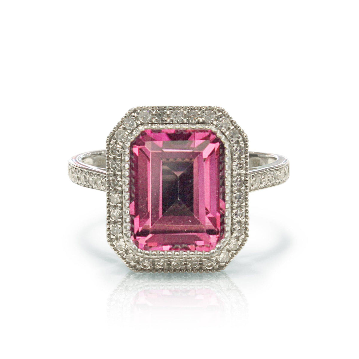 Pink Topaz Diamond Ring 18k White Gold Emerald Shape