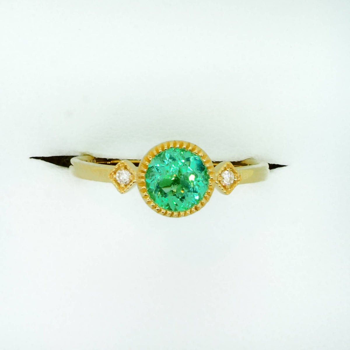Natural Colombian Emerald and Diamond Three Stone Ring in 18K Yellow Gold