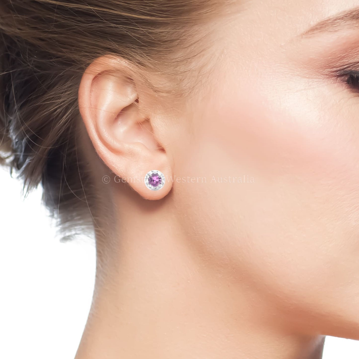 natural pink sapphire earrings | diamond halo stud earrings