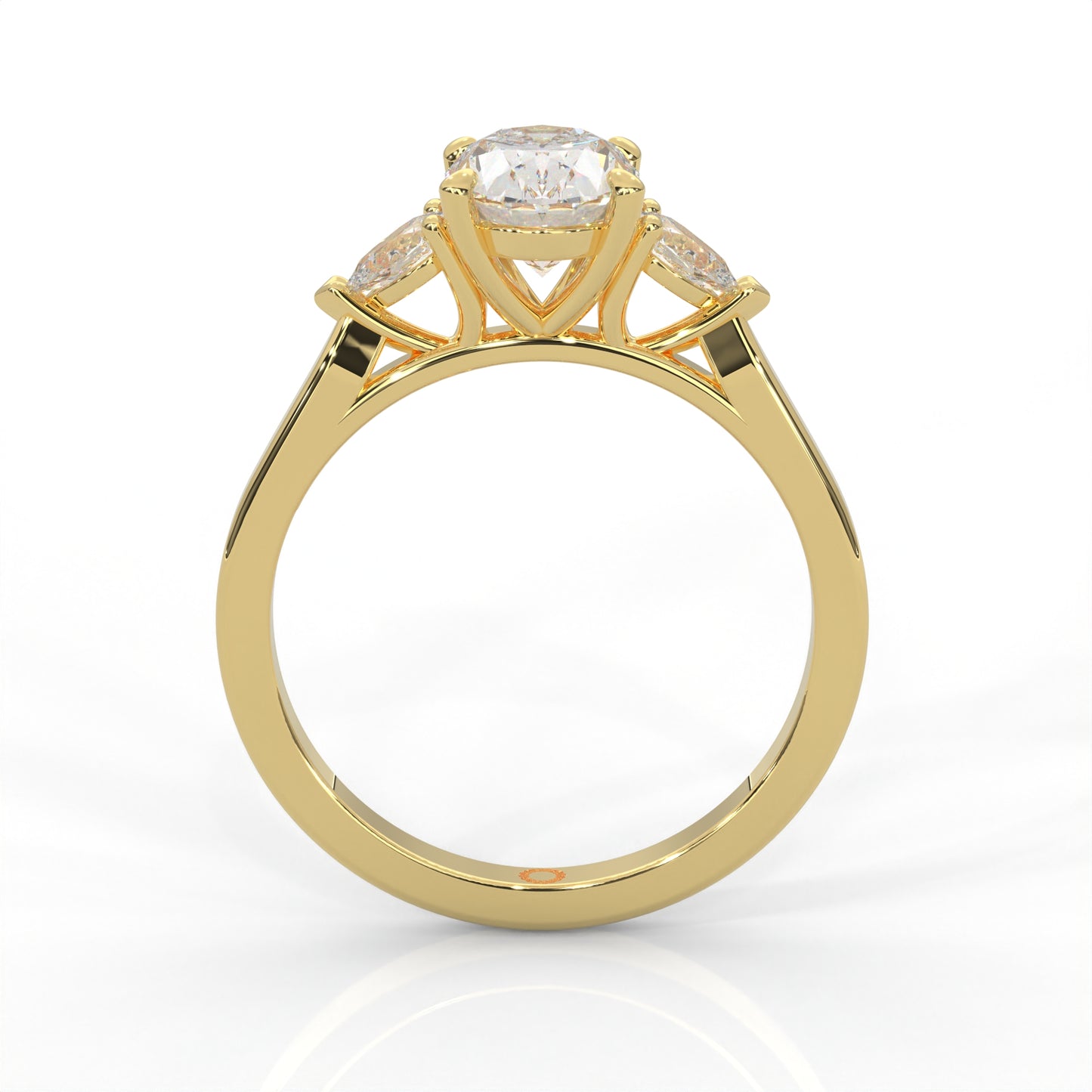 front view of Gold ring with two pear-shaped diamonds on a white background