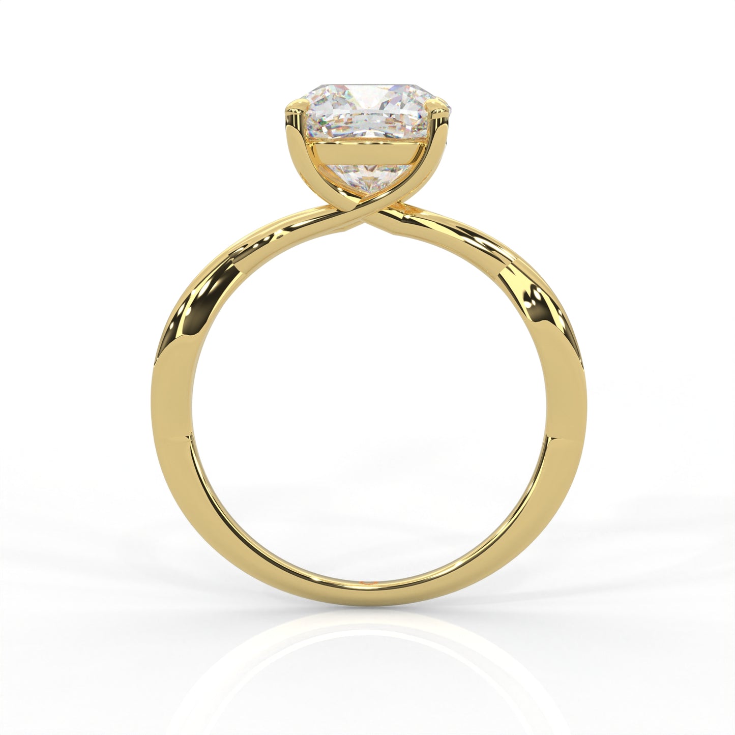 front view of Yellow gold ring with cushion cut diamond and twisted band