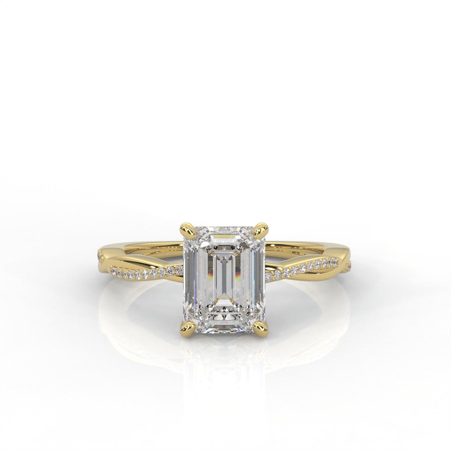 Ava Solitaire Emerald Cut Diamond Ring Twisted band Accents in Gold or Pt950
