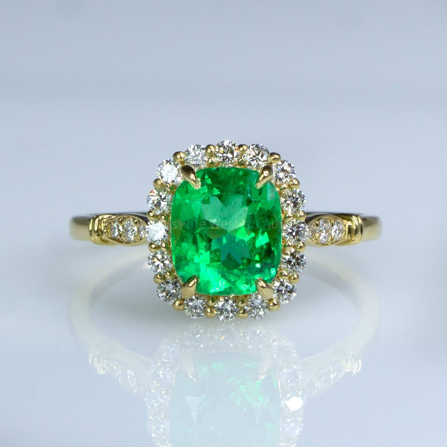 1.9ct Colombian Emerald Statement Ring Emerald Halo Ring in 18K Yellow Gold