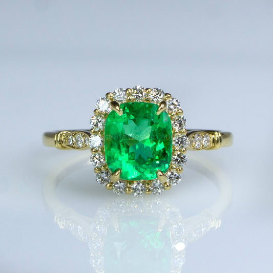1.9ct Colombian Emerald Statement Ring Emerald Halo Ring in 18K Yellow Gold