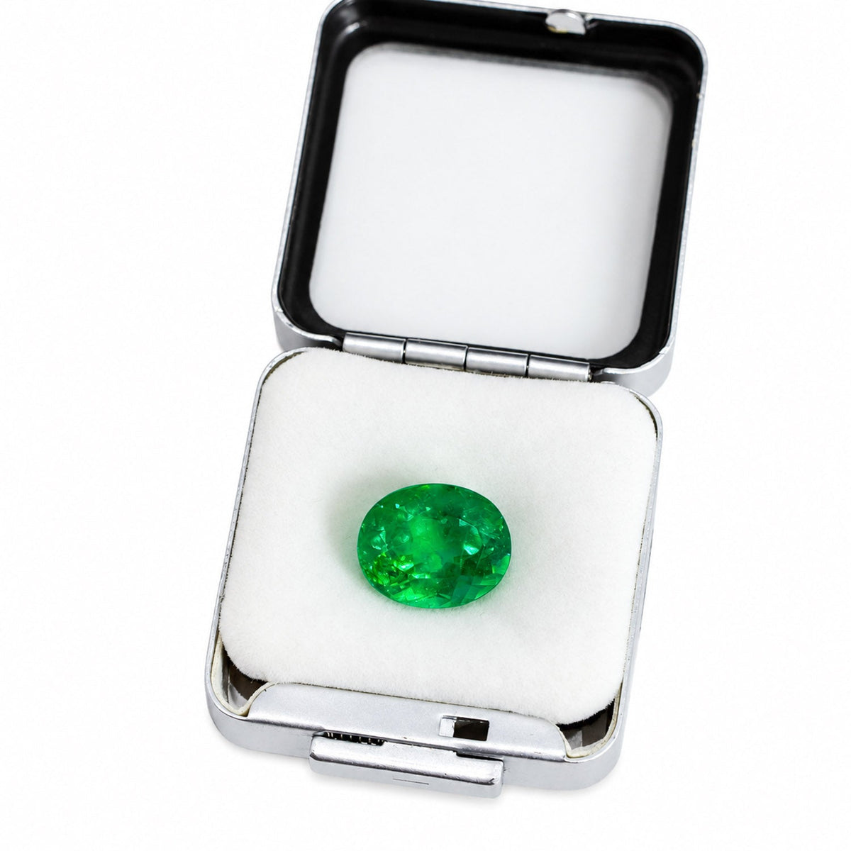 9.4 ct oval cut Colombian emerald shown at an angle
