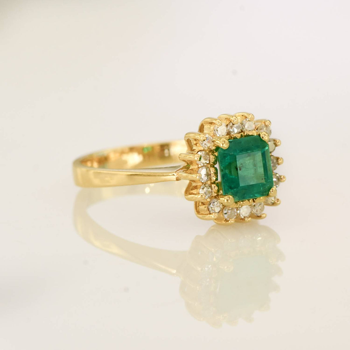 Colombian Emerald and Diamond Halo Ring Emerald Cut 18k Gold