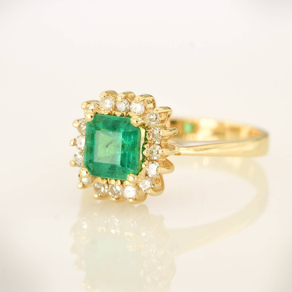 Colombian Emerald and Diamond Halo Ring Emerald Cut 18k Gold