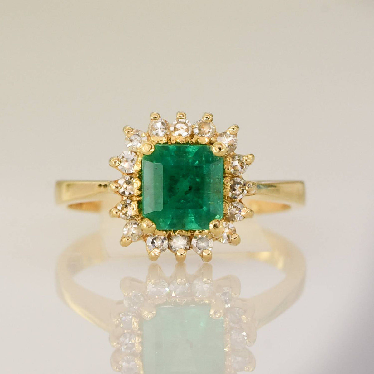 Colombian Emerald and Diamond Halo Ring Emerald Cut 18k Gold