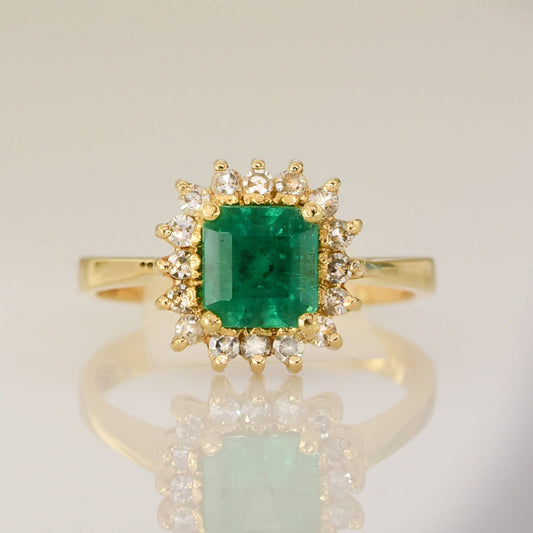 Colombian Emerald and Diamond Halo Ring Emerald Cut 18k Gold