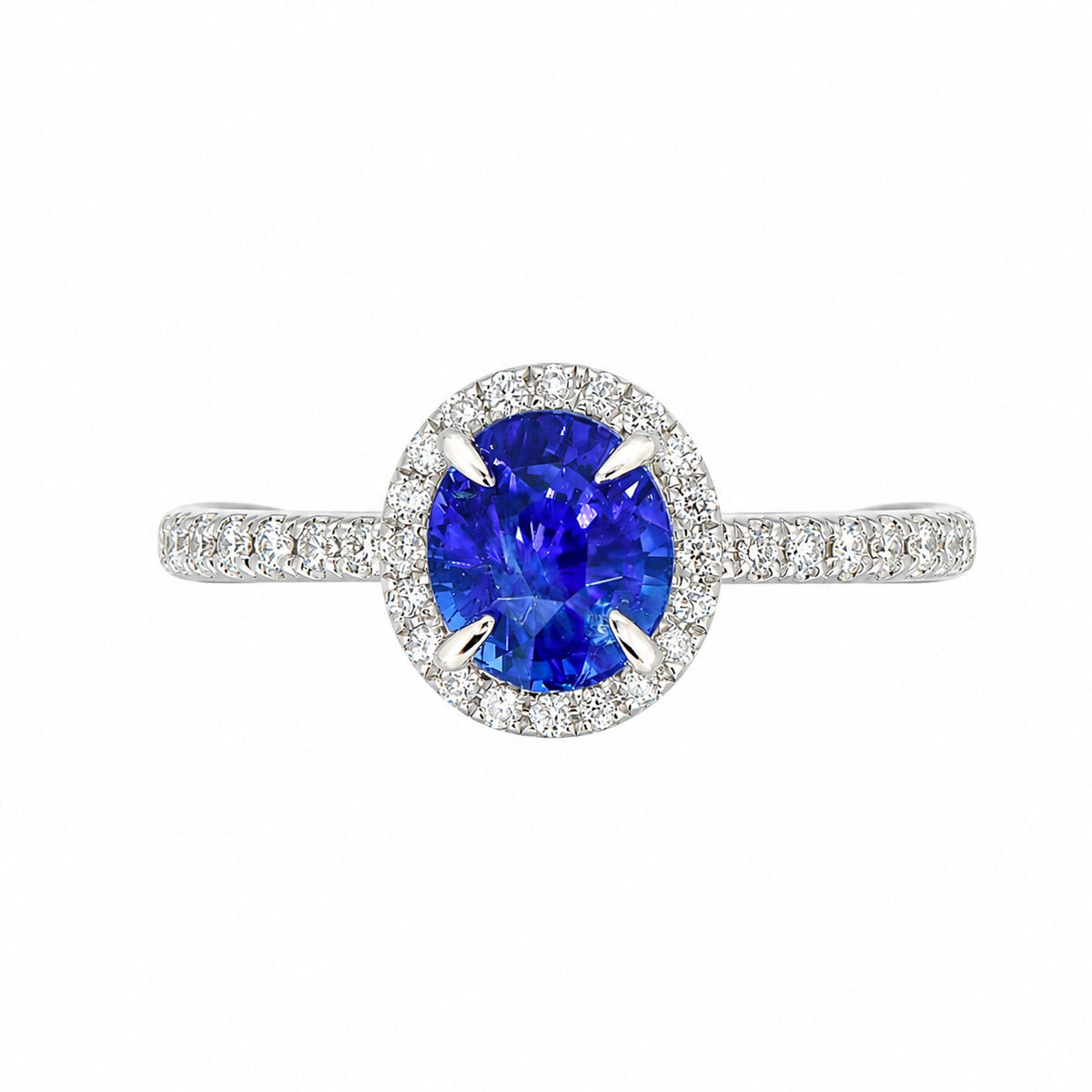 1.85 ct unheated Ceylon sapphire and diamond halo ring in 18K white gold