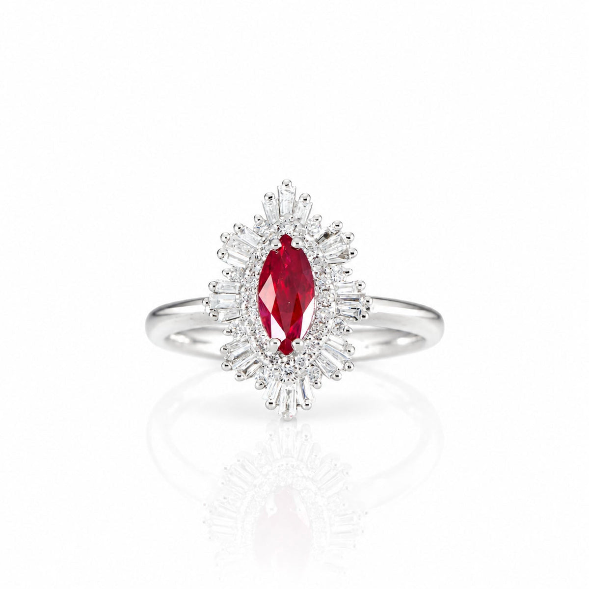 Marquise unheated ruby ring with an Art Deco baguette diamond halo in white gold