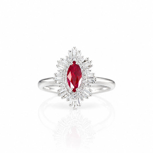 Marquise unheated ruby ring with an Art Deco baguette diamond halo in white gold