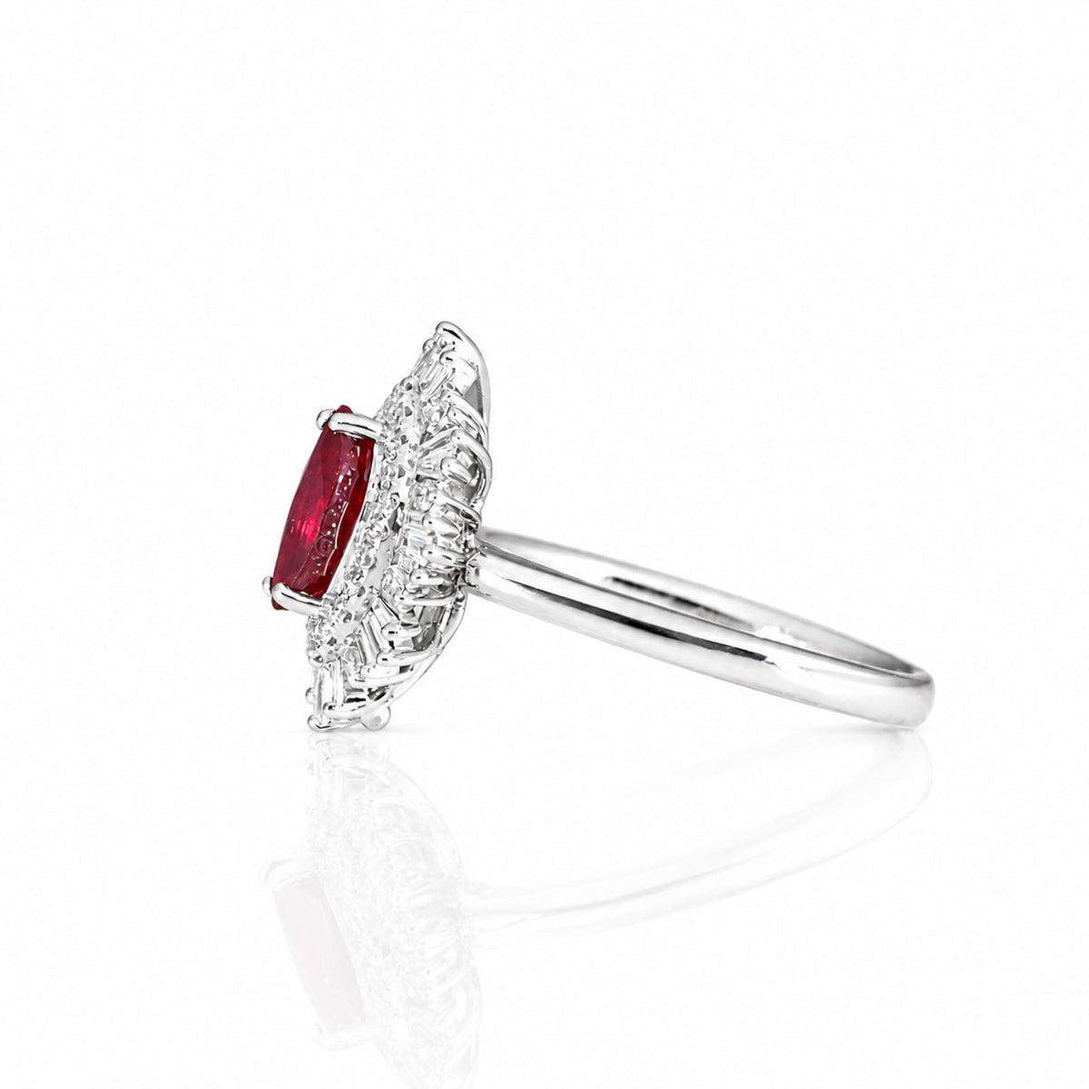 Art Deco ruby and diamond ring, angled view showing the raised setting
