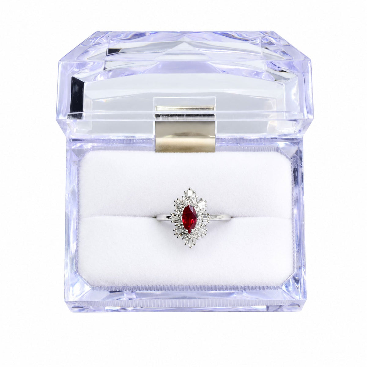 Marquise ruby Art Deco ring presented in its crystal gift box