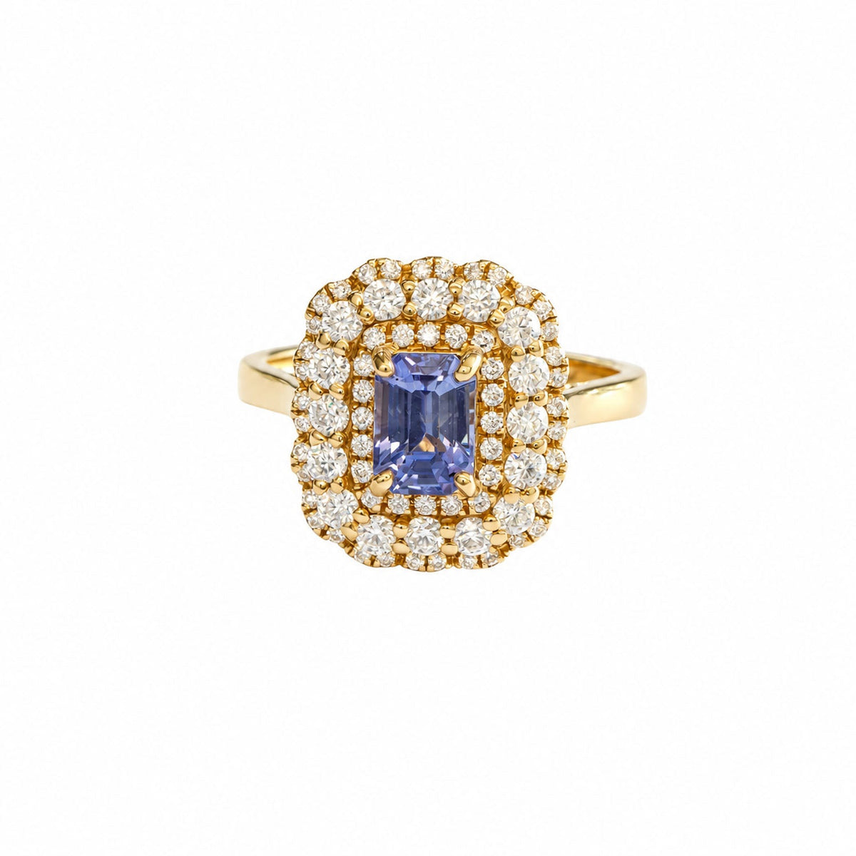Emerald-cut blue Ceylon sapphire in a double diamond halo, front view