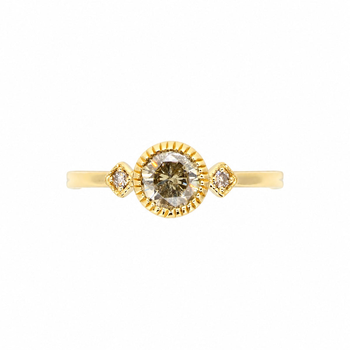 Salt and pepper diamond ring with two white diamonds in yellow gold