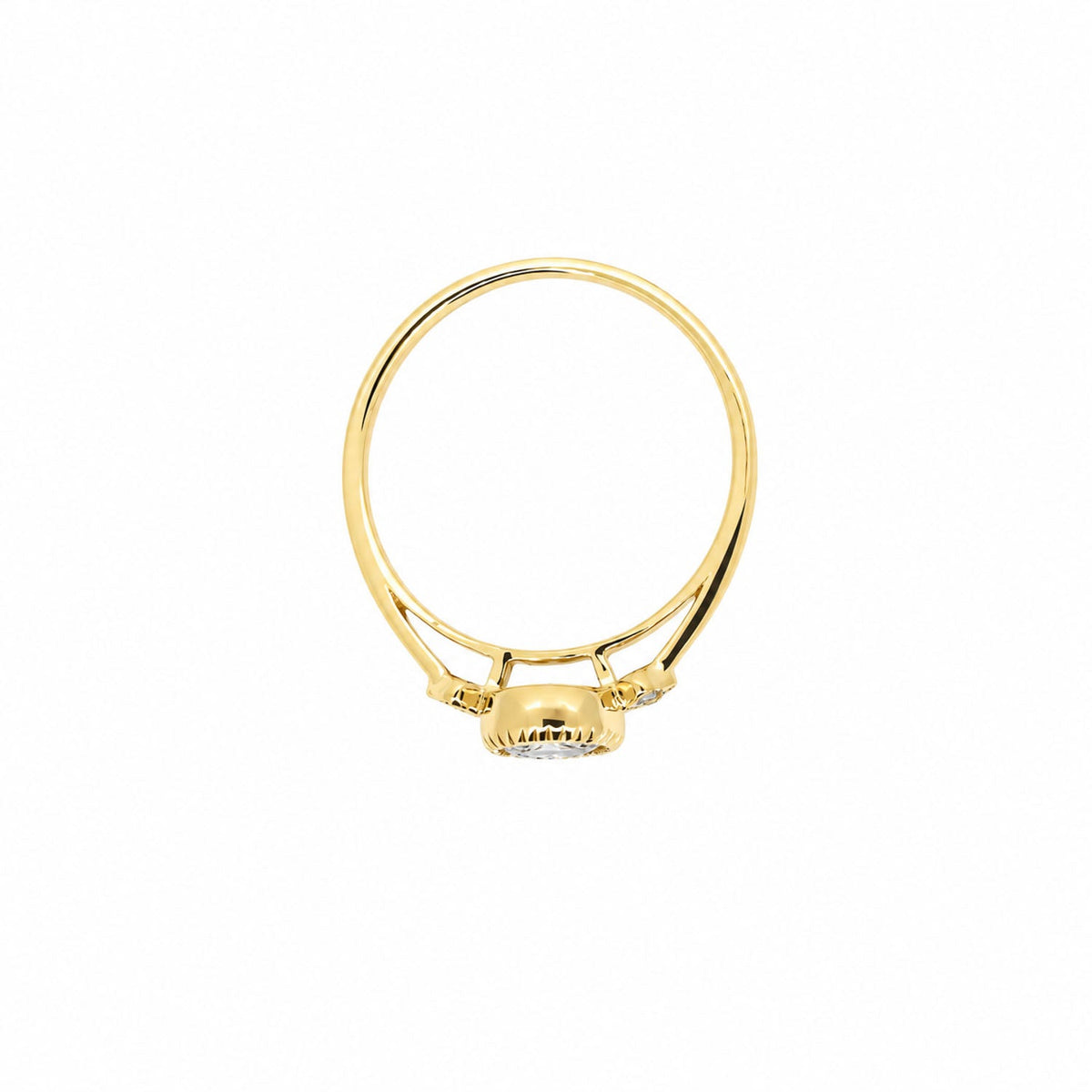 Profile of the yellow gold diamond ring showing its low bezel setting