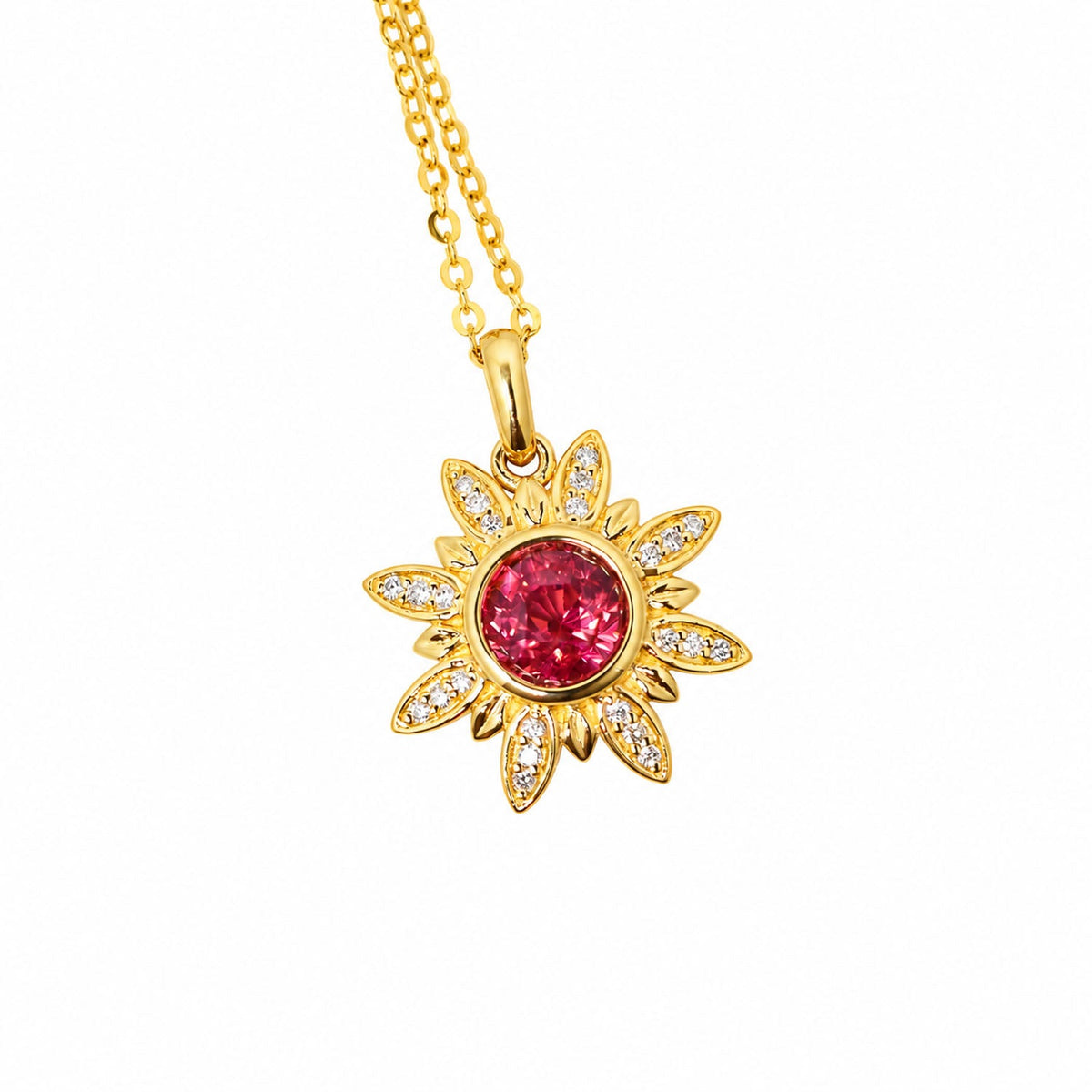 Orangy red sapphire flower pendant in 18K yellow gold on a gold chain