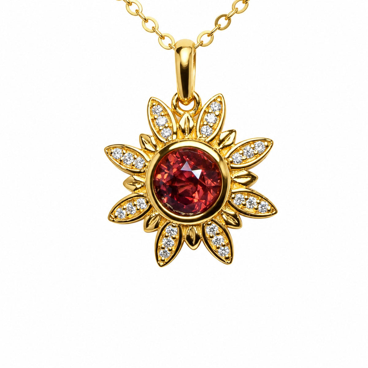 Sapphire and diamond flower pendant, close view of the gold petals