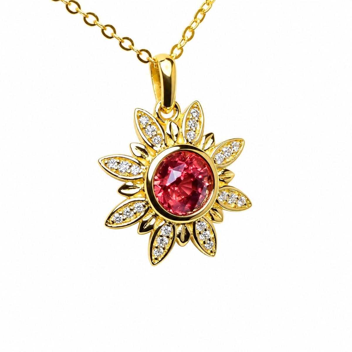 Orangy red sapphire centre framed by diamond-set gold petals