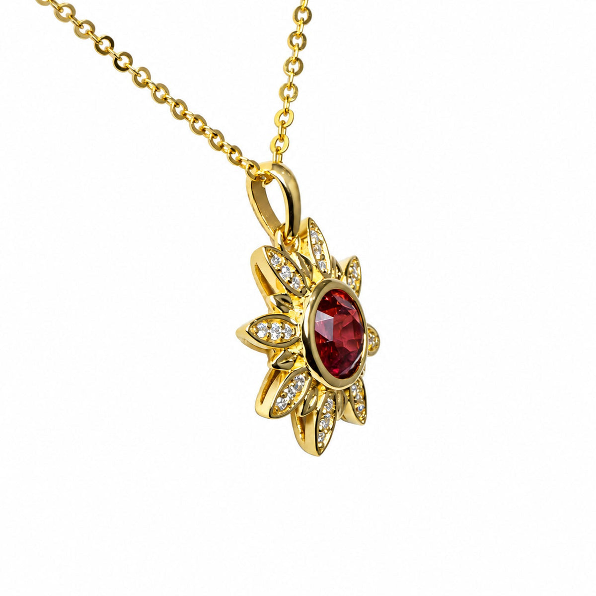 Angled view of the sapphire flower pendant and its bail