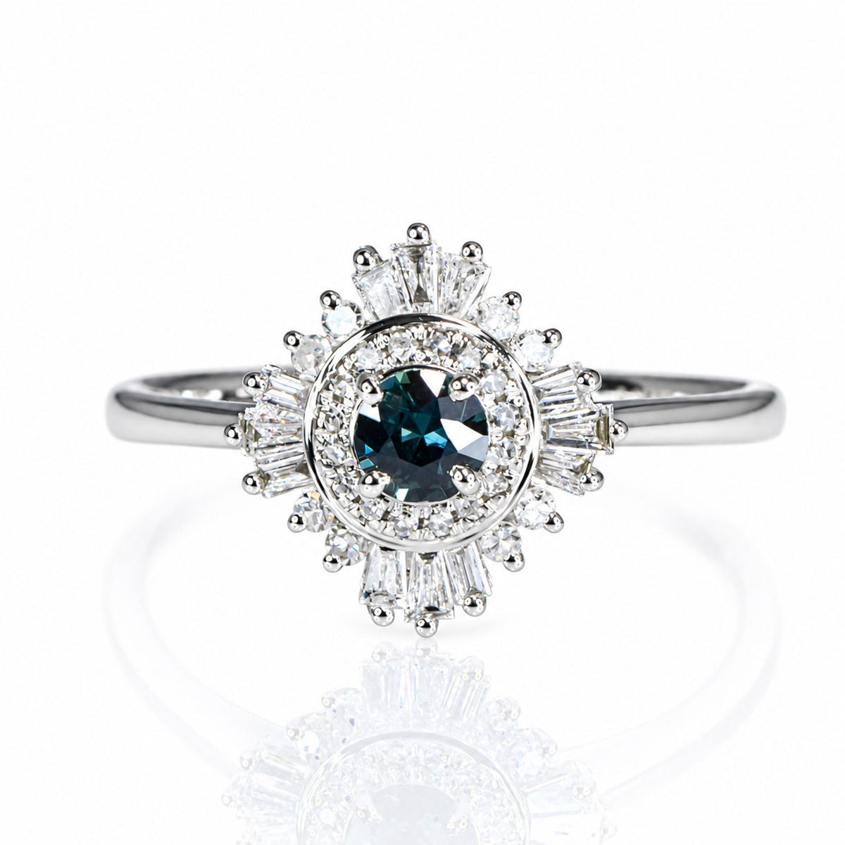 Teal sapphire ring with a baguette and round diamond halo in white gold