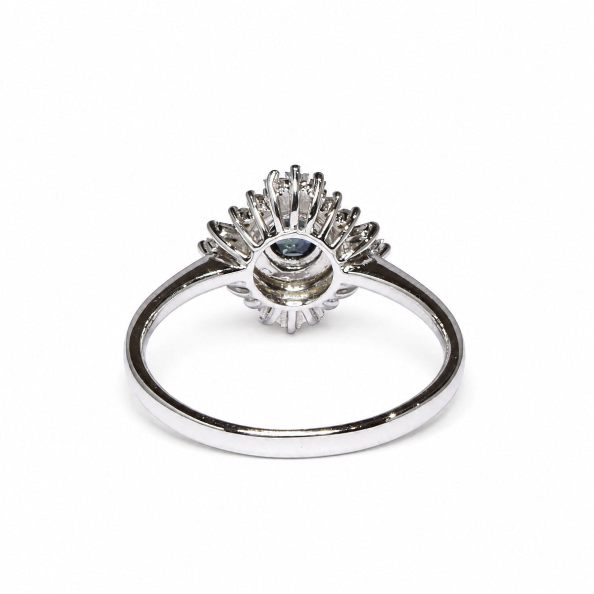 Back of the teal sapphire ring showing the open white gold gallery