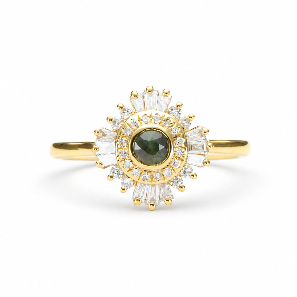 The same teal sapphire halo design shown in yellow gold