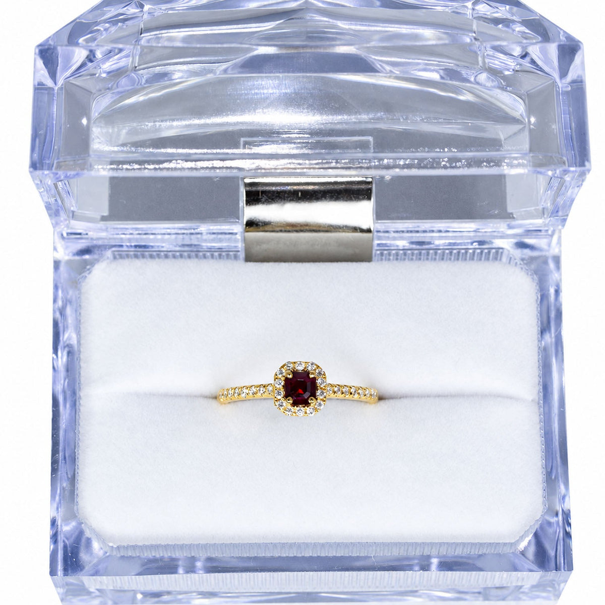 Ruby and diamond ring presented in its crystal gift box