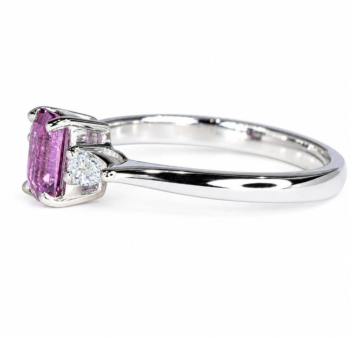 Side profile of the pink sapphire ring in white gold