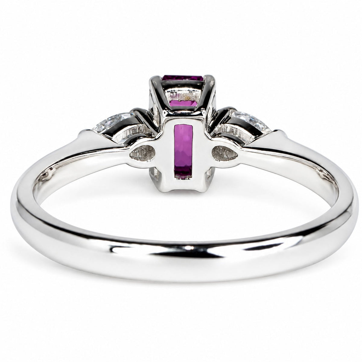 Back of the pink sapphire ring showing the open white gold gallery