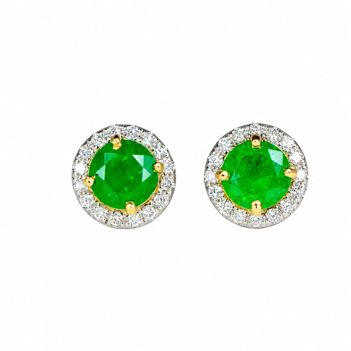 Round Colombian emerald and diamond halo stud earrings