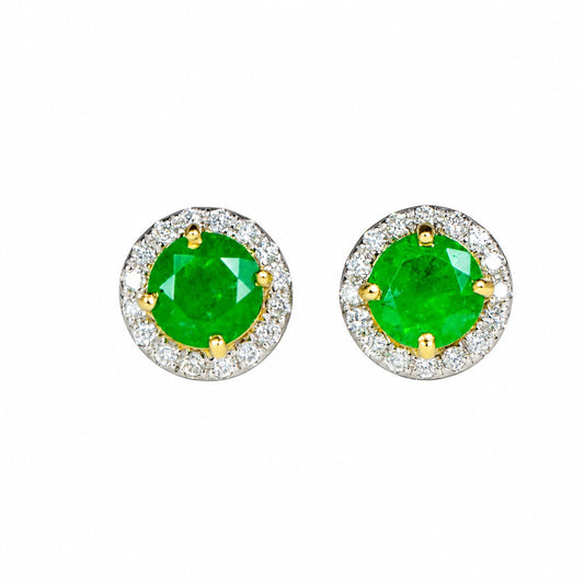 Round Colombian emerald and diamond halo stud earrings