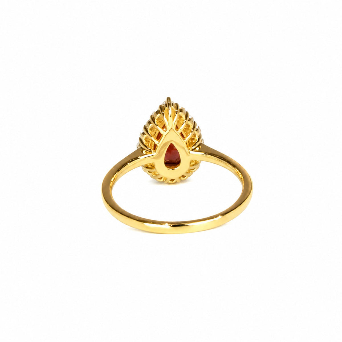 Back of the ruby halo ring showing the open gold gallery