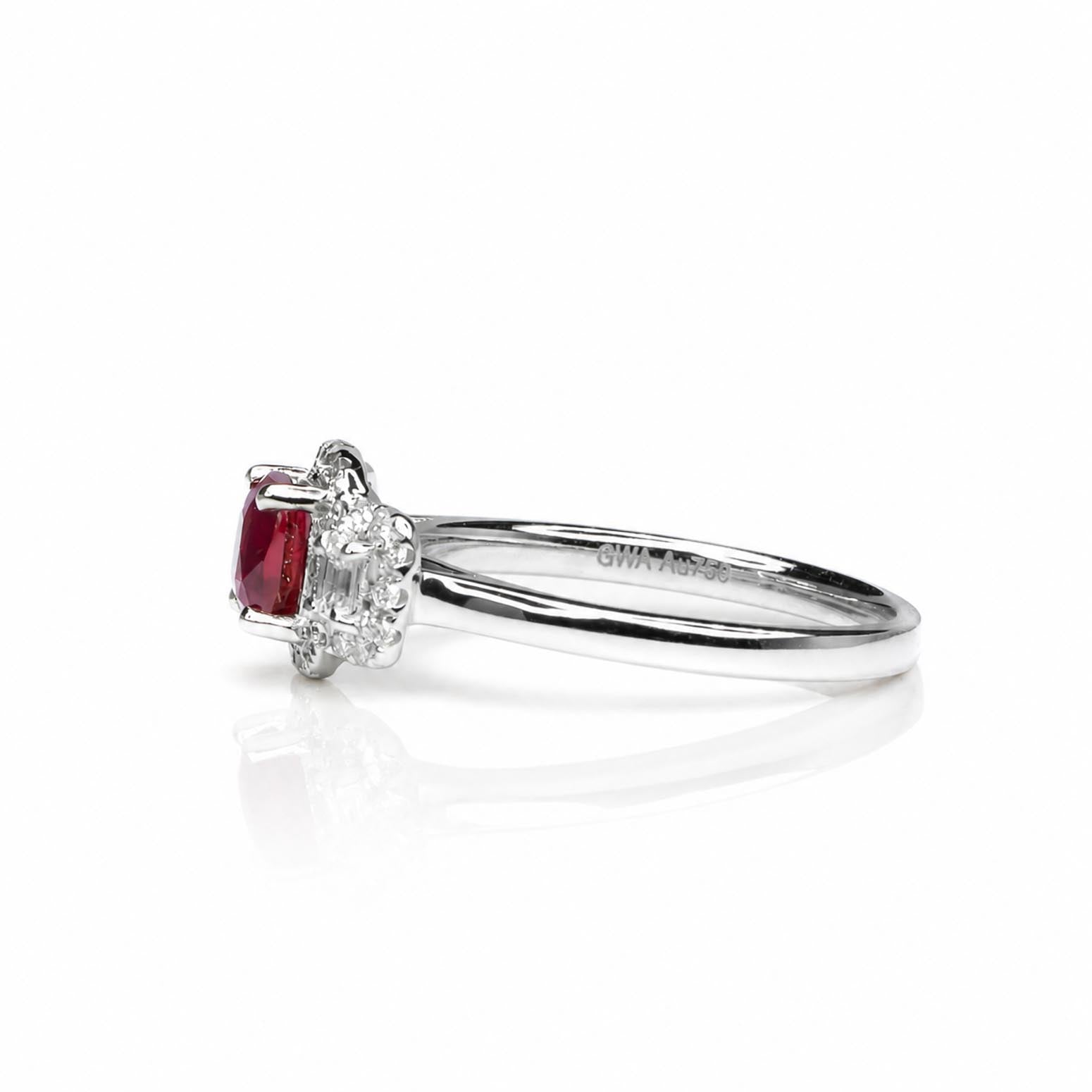 A white gold ring featuring a cushion-cut natural ruby in a three-stone halo setting,  shown on a reflective white background.