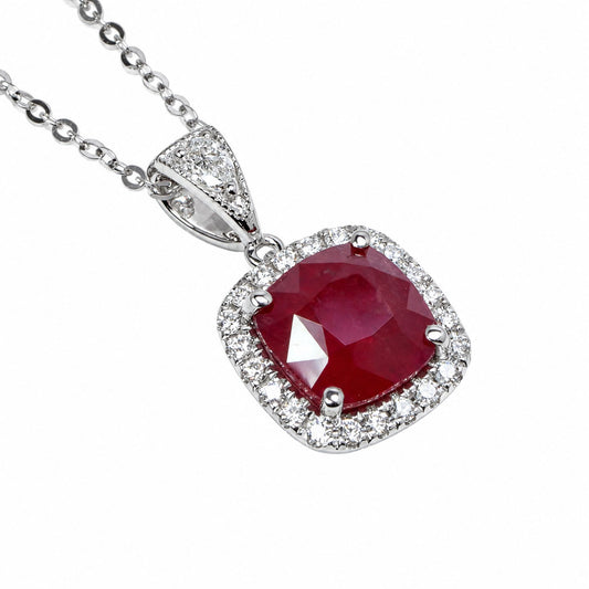 4.1 ct unheated ruby and diamond halo pendant in 18K white gold