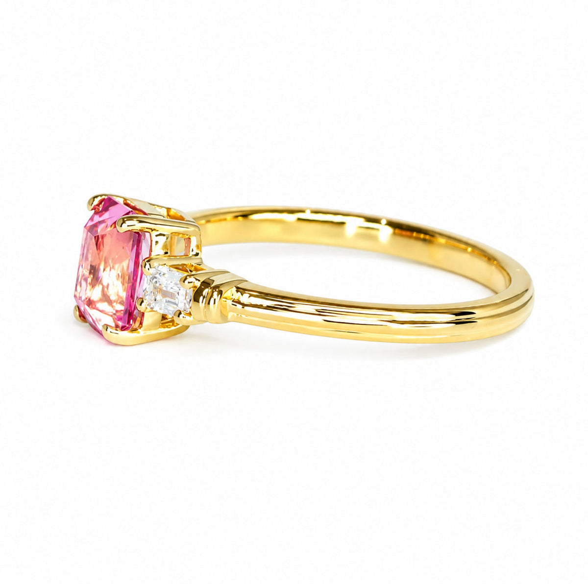 Side profile of the padparadscha sapphire and diamond ring