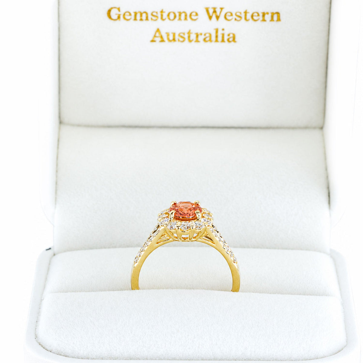 Padparadscha sapphire ring presented in its Gems and Gold box