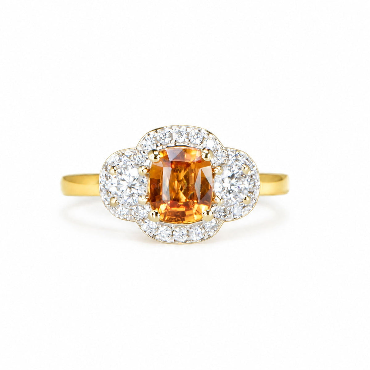1.60 ct padparadscha sapphire with a diamond halo and yellow gold band