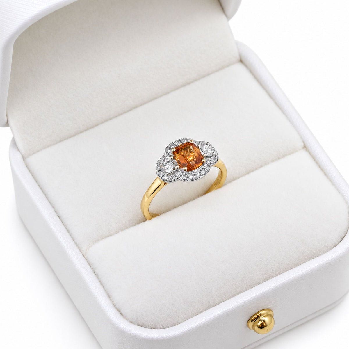 Close view of the padparadscha ring standing in its box