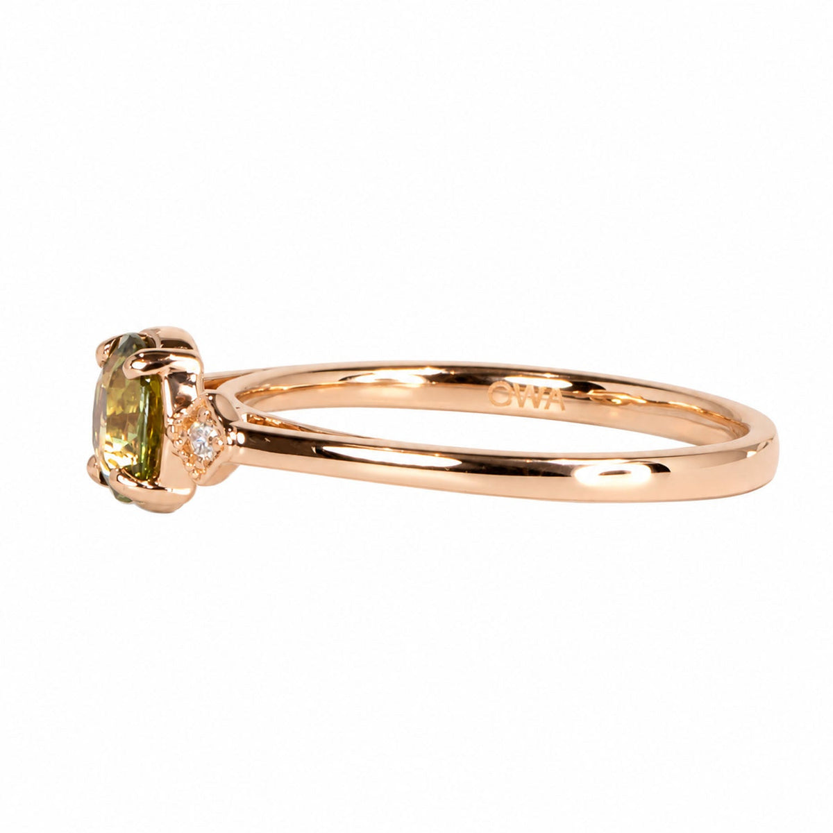 Side profile of the alexandrite and diamond ring in rose gold
