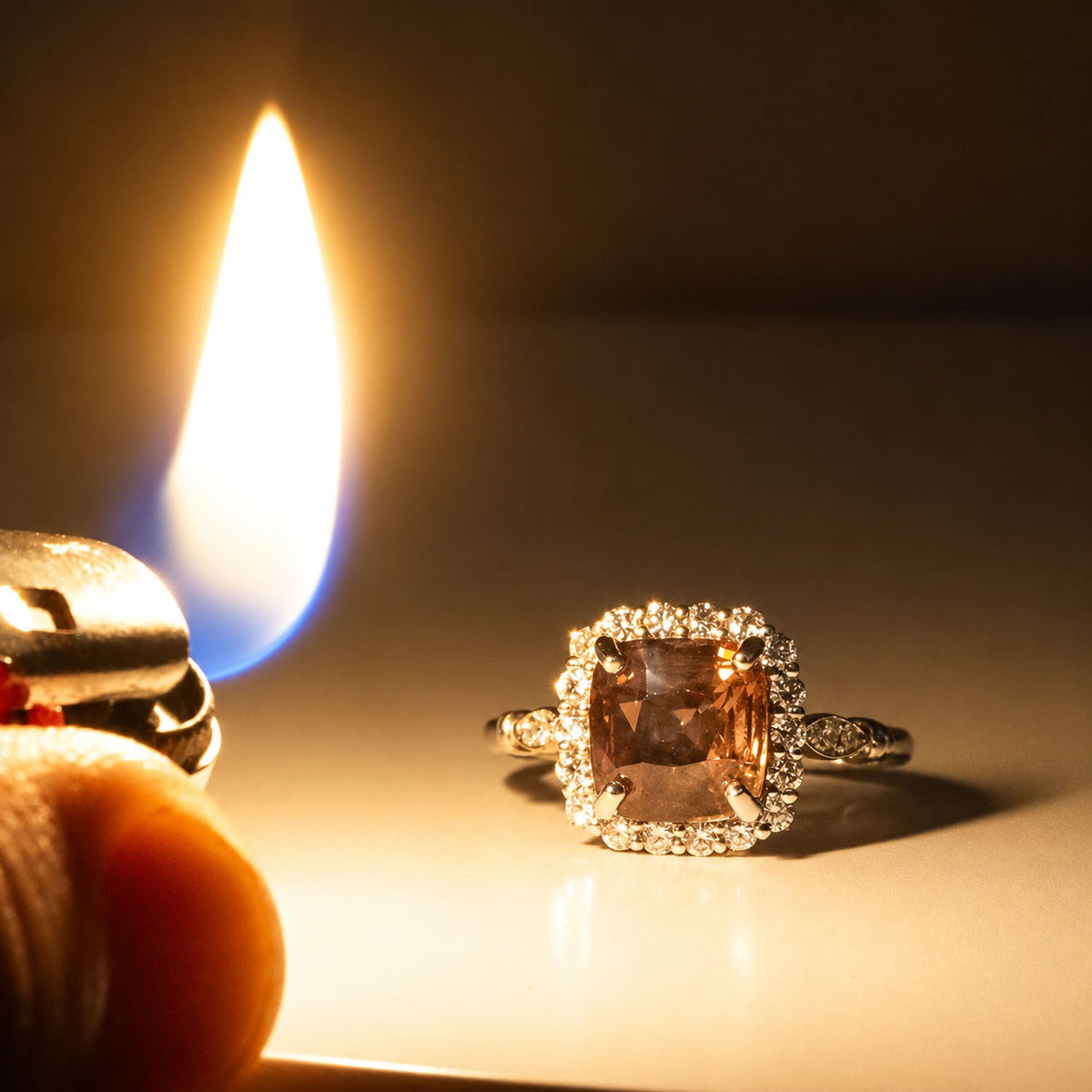 Alexandrite halo ring beside a candle flame, colour changed to pink