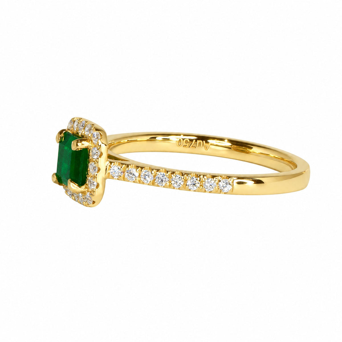Side profile of the emerald halo ring showing its pave-set band