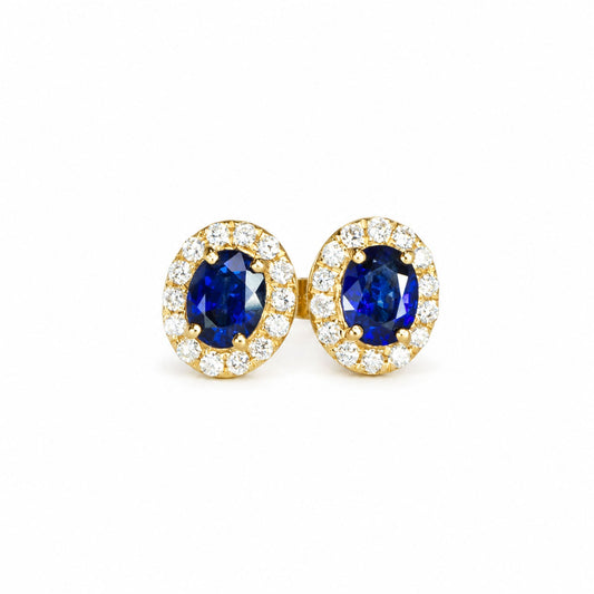 Natural blue sapphire and diamond halo stud earrings in 18K gold