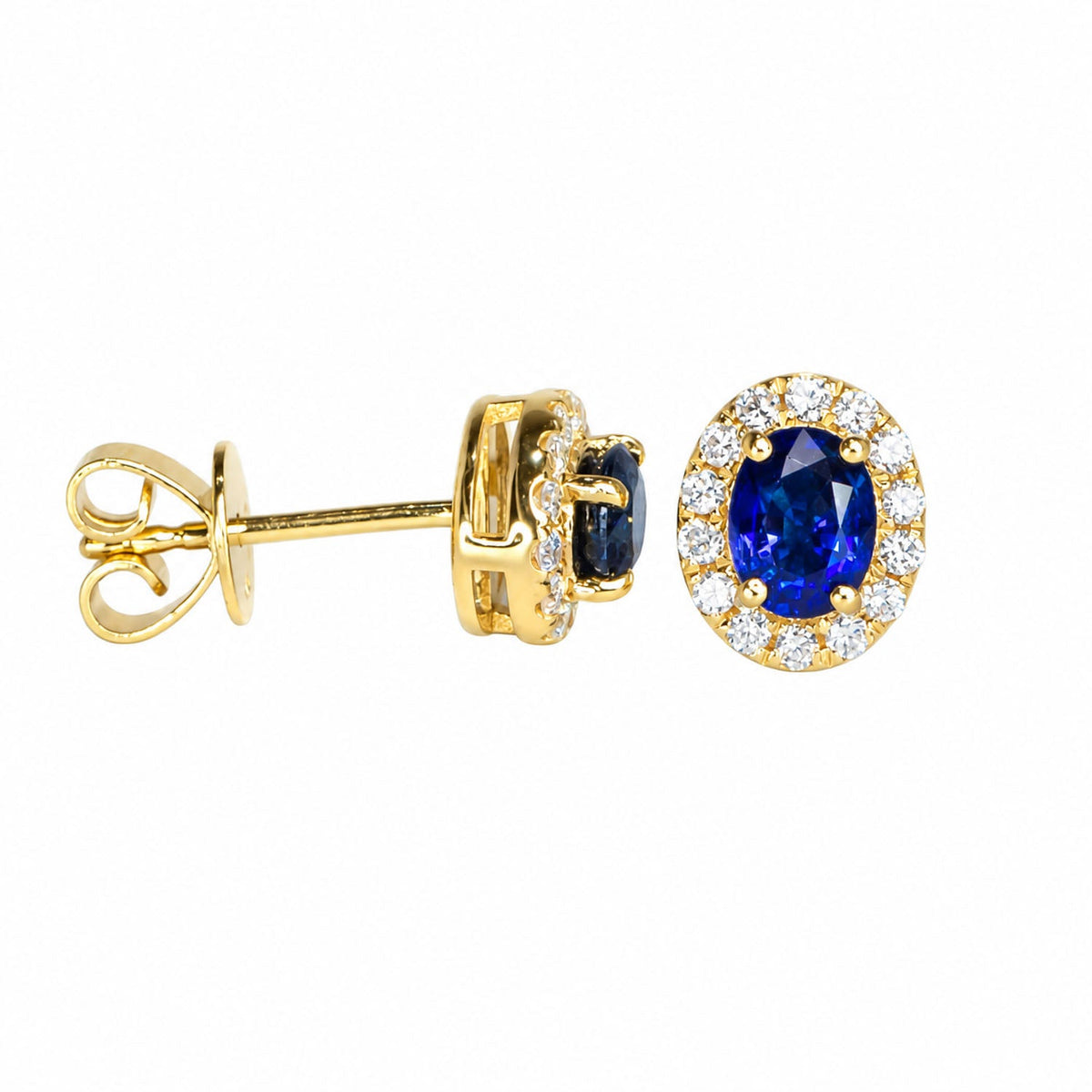 Sapphire halo studs shown from the side with their butterfly backs