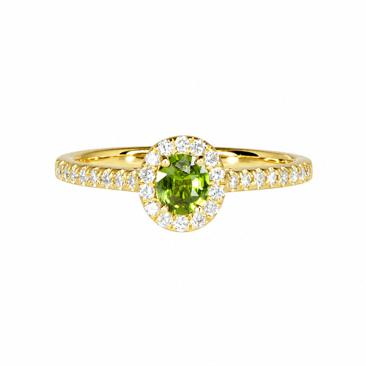 Alexandrite and diamond halo ring in 18K gold, green in daylight