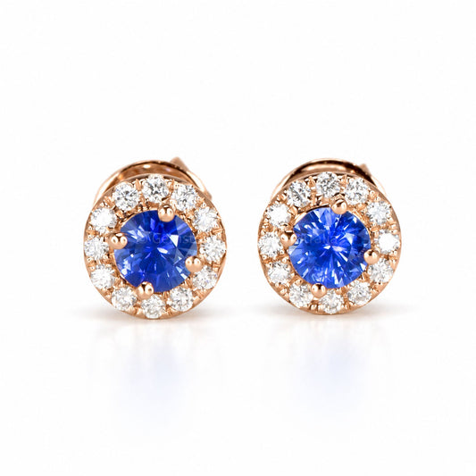 Natural blue sapphire and diamond halo stud earrings in 18K rose gold