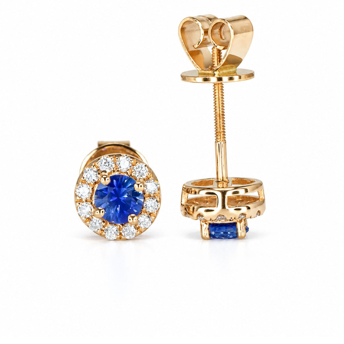 Sapphire halo studs shown from the side with their screw backs