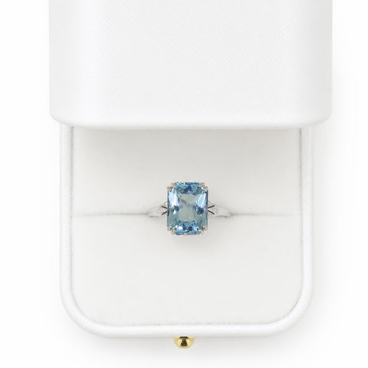 A large octagon cut aquamarine hold in double prongs in a 18K white gold setting  shown in a white ring box on a white background 